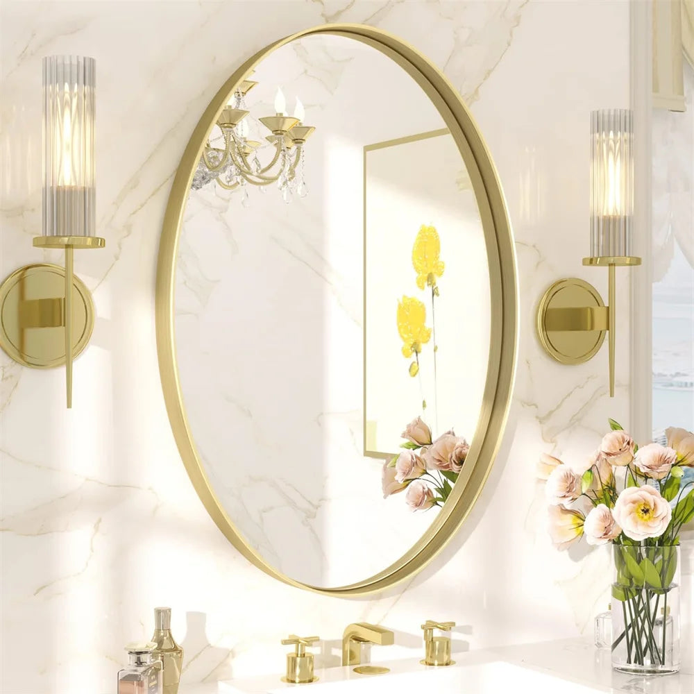 Oval Wall Mounted Mirror Gold Aluminum Framed Vanity Accent Mirror for Entryway Living Room Vertically or Horizontally