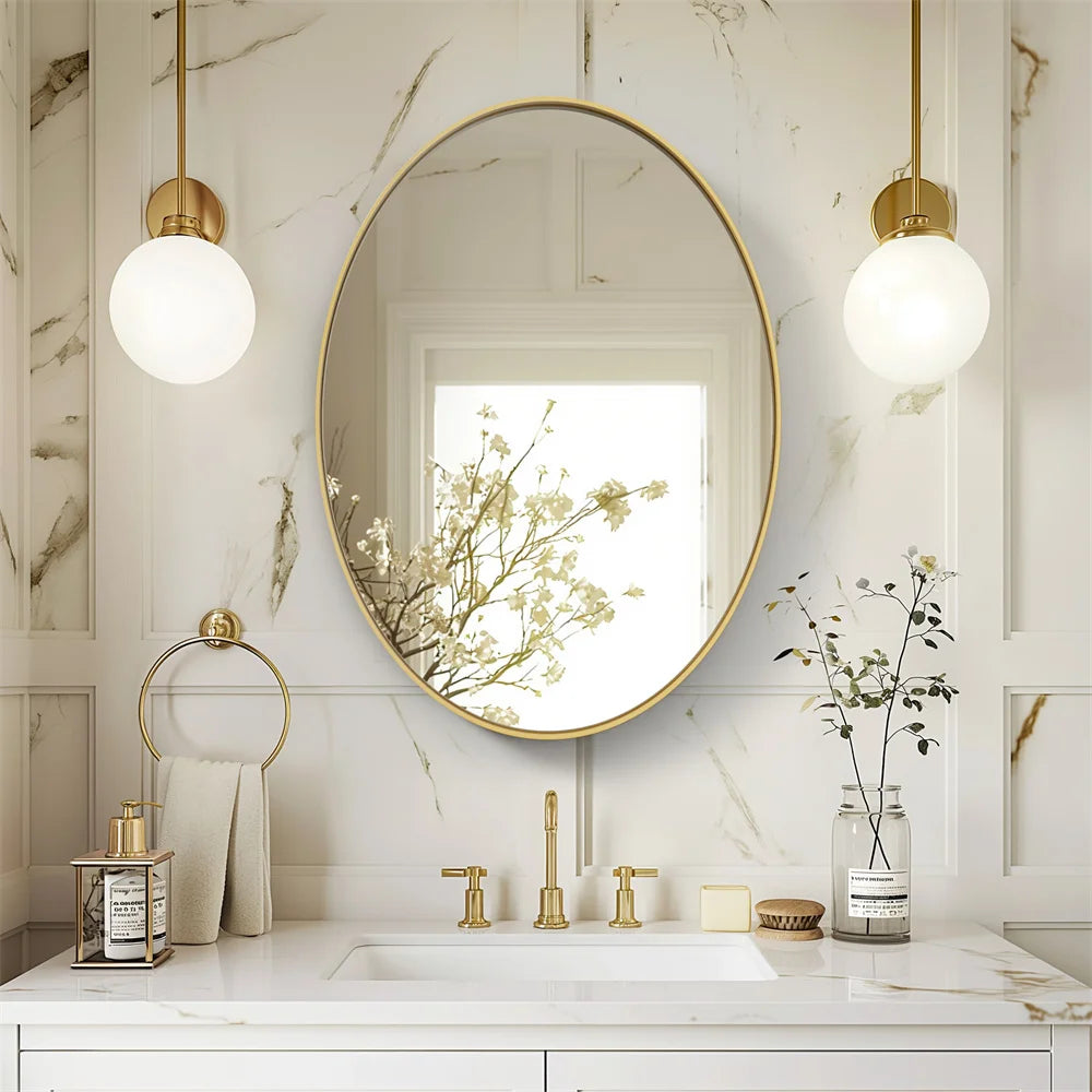 Oval Wall Mounted Mirror Gold Aluminum Framed Vanity Accent Mirror for Entryway Living Room Vertically or Horizontally