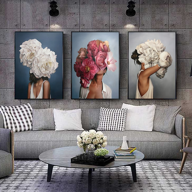 Flowers Feathers Woman Abstract Canvas