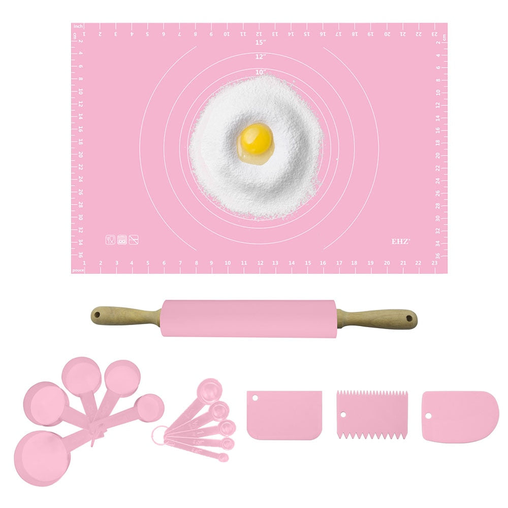 Baking Set Includes Silicone Pastry Baking Mat with Measurements, Silicone Rolling Pin, Measuring Cups &amp; Spoons, Dough Scrapers