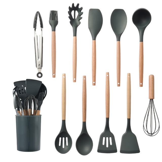  Kitchen Utensils Set Silicone Cooking Utensils Set for Nonstick  Cookware - Silicone Spatula Set And Wooden Kitchen Utensil Set Kitchen  Tools, Silicone Kitchen Utensils Set Cooking Spoon Kitchenware : Home 