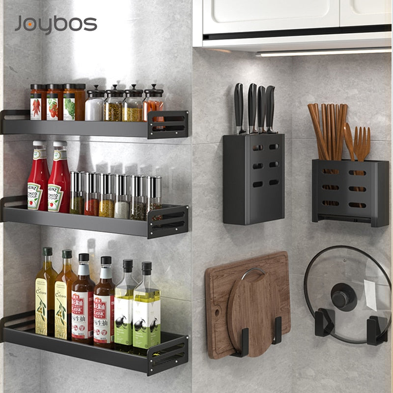 Joybos Kitchen Organizer Shelf Set Wall-mounted Seasoning Holder Punch-free Aluminum Kitchen Storage Shelf Set